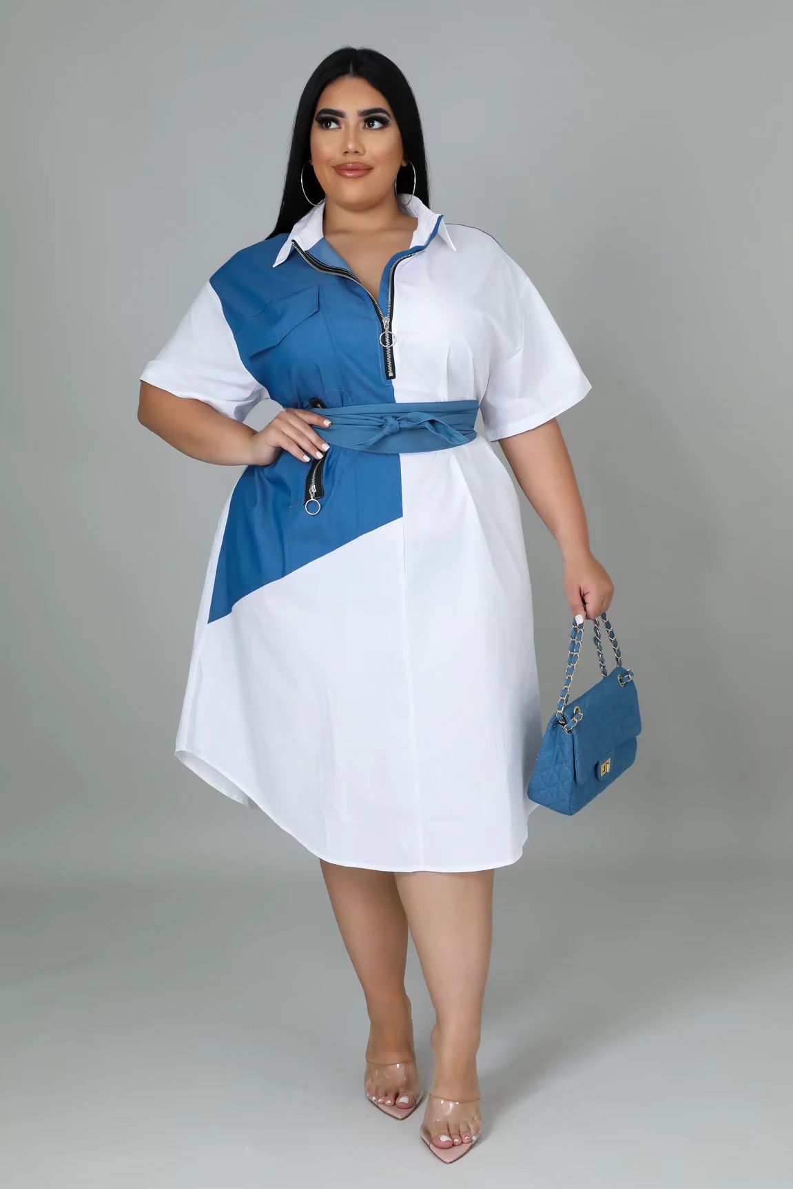 Plus Size Women Patchwork Zipper Turn-down Neck Loose A-line
