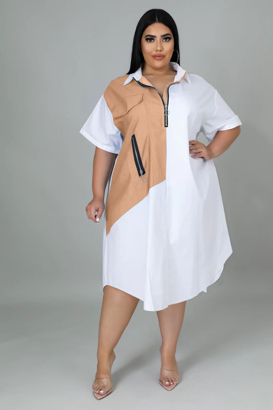 3COLOUR★Patchwork dress waist A-line skirt ワンピース 316 Spring Korea Women Patchwork Double Color Elegant Button